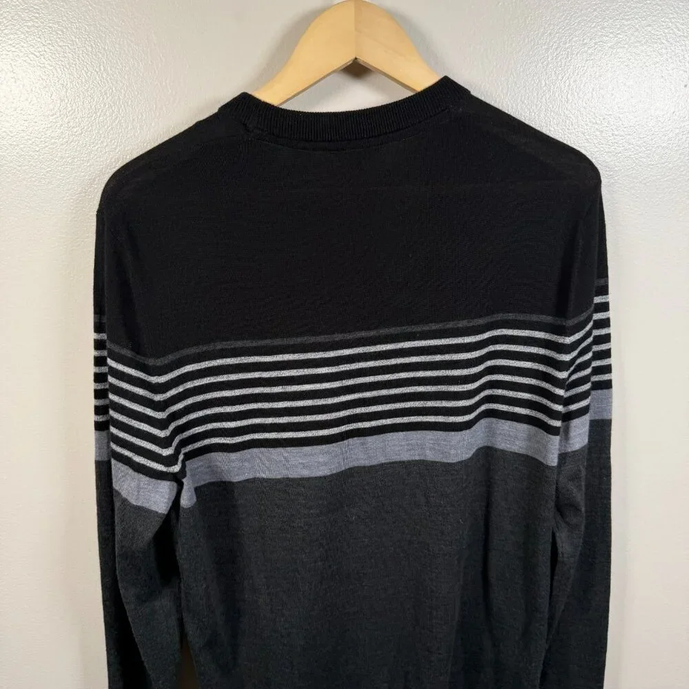 Ted Baker Wool Crewneck Sweater Mens Size 5 US XL Black Gray Stripes Flaw*